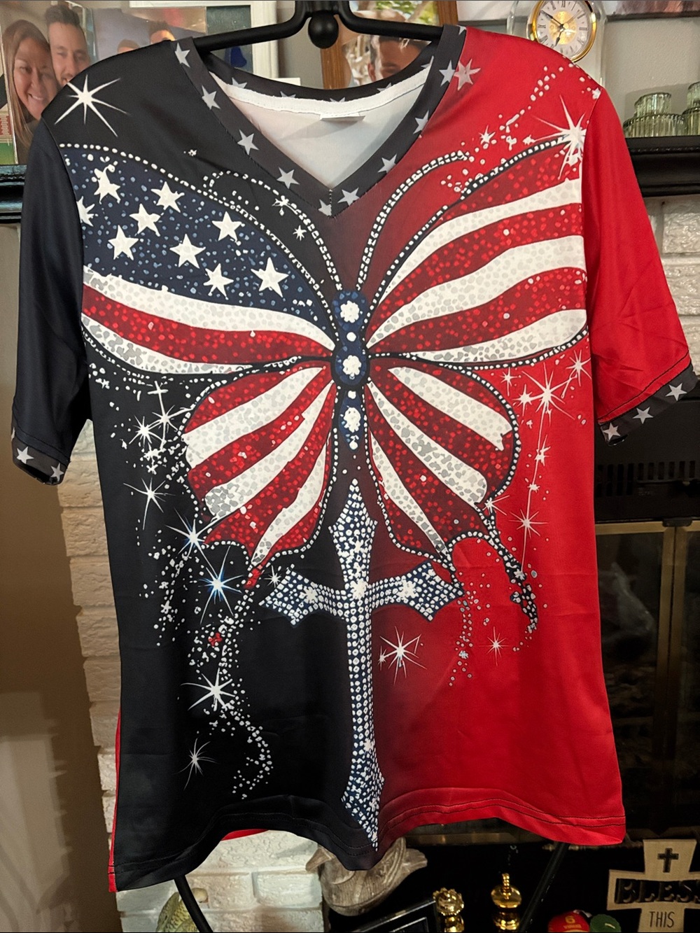 Patriotic Butterfly Cross Graphic Tee - Red, White & Blue
